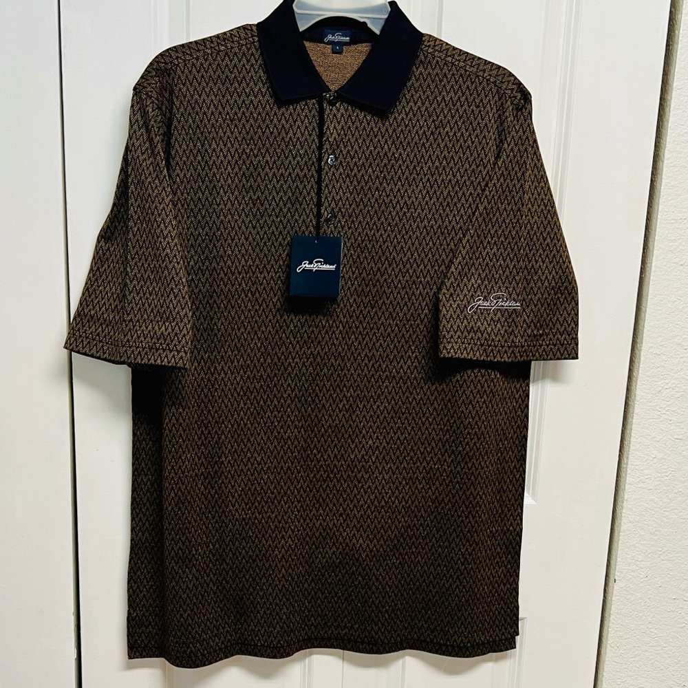 Jack Nicklaus Brown Geo-Pattern Polo with Black Collar Size L NWT